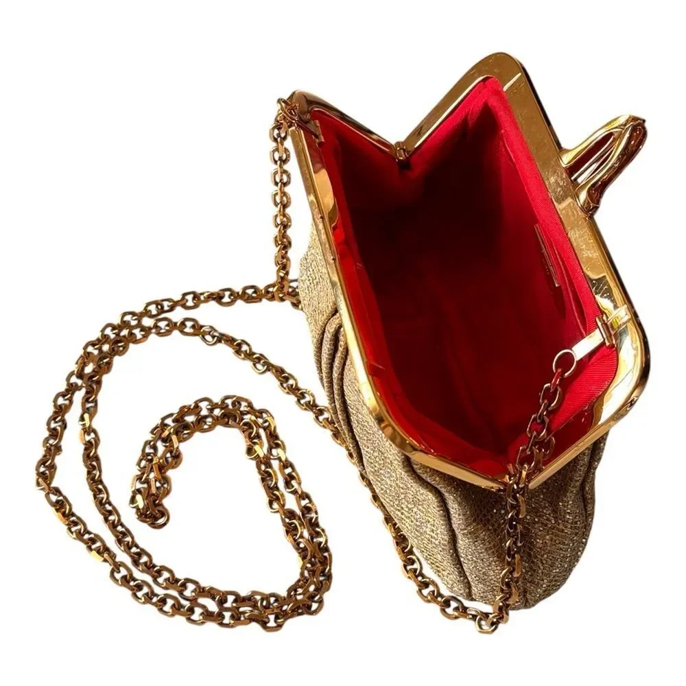 Christian Louboutin Gold Metallic Pleated Clutch Bag Sunburst Crown Frame Luxury